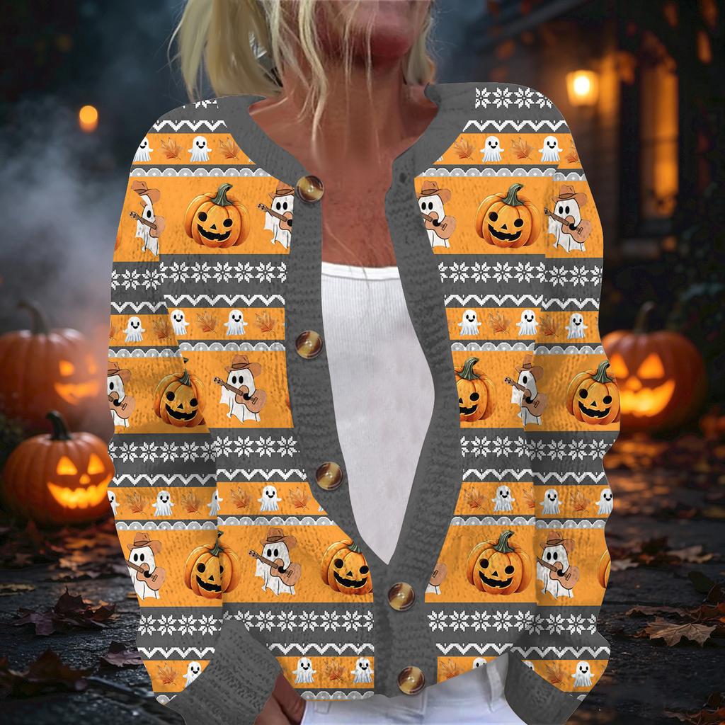 Women's Halloween Print Long Sleeve Knit Cardigan Button Front Sweater for Fall Outfits
