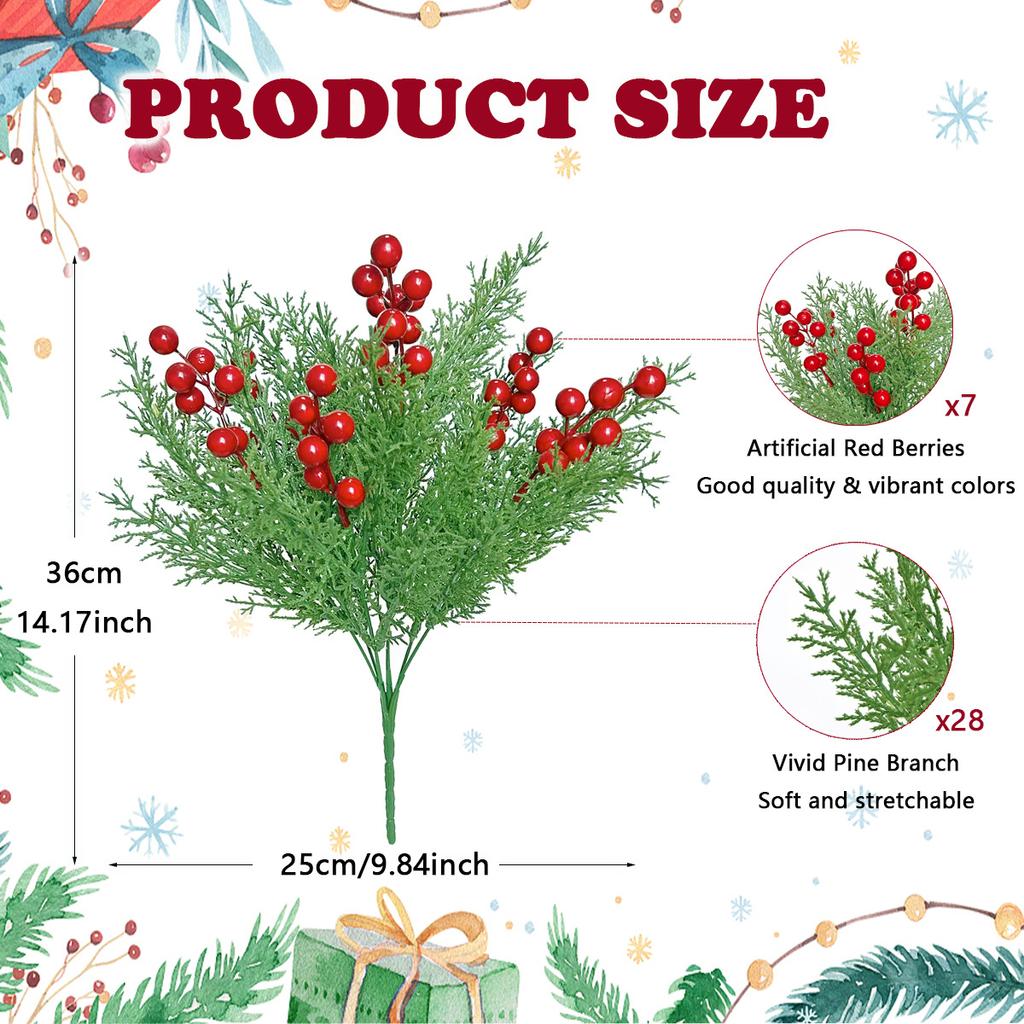 Simulated Christmas pine, cypress, simulated red berry, holly fruit, Christmas cuttings, decorating Christmas
