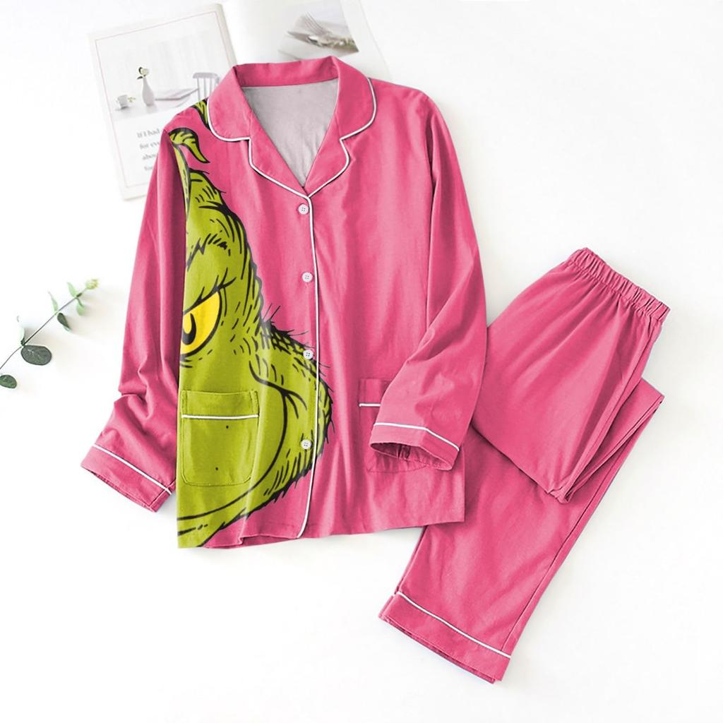 Women's 2 Piece Printed Suit Long Sleeve Button Up Top Wide Leg Pants Suit Set Pajamas Home Casual Suit
