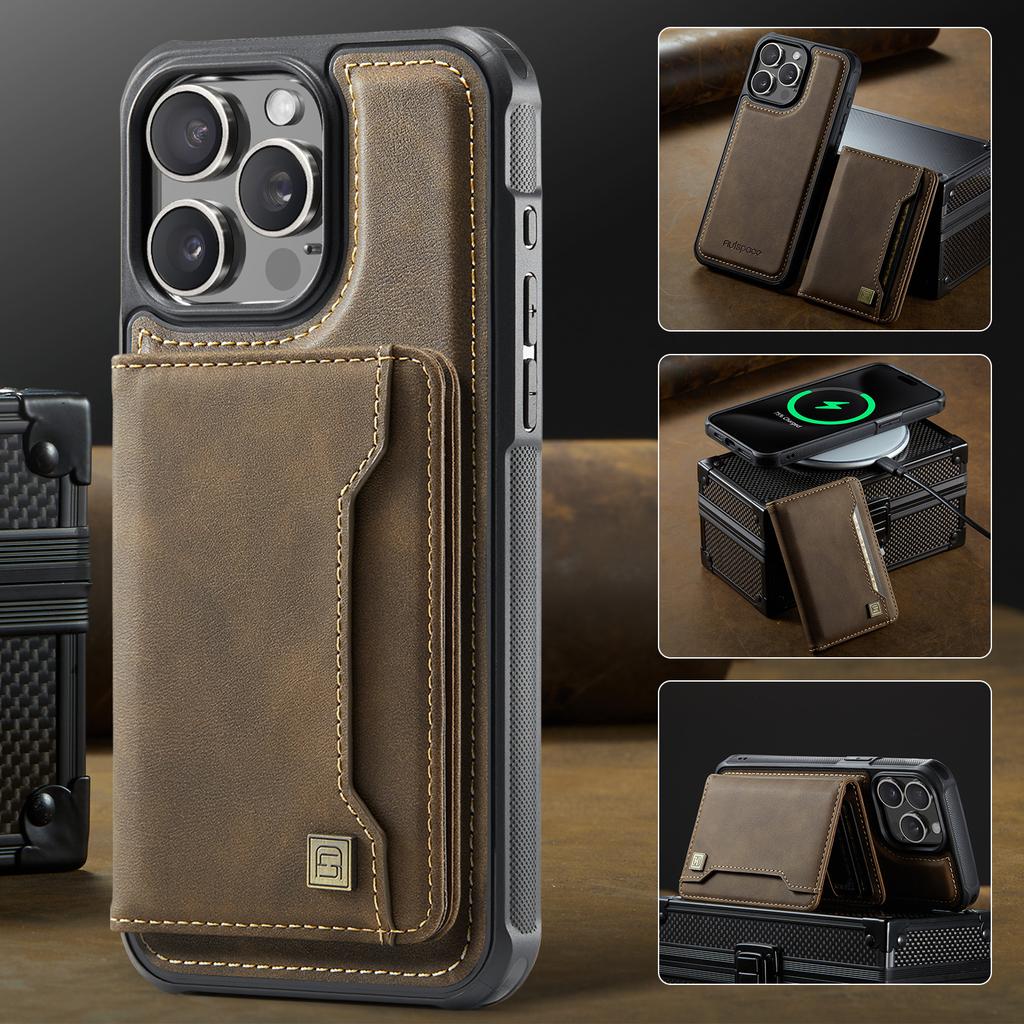 For iPhone 14 Pro Case AUTSPACE A13 Vintage Leather Back Cover with Magnetic Detachable Card Bag