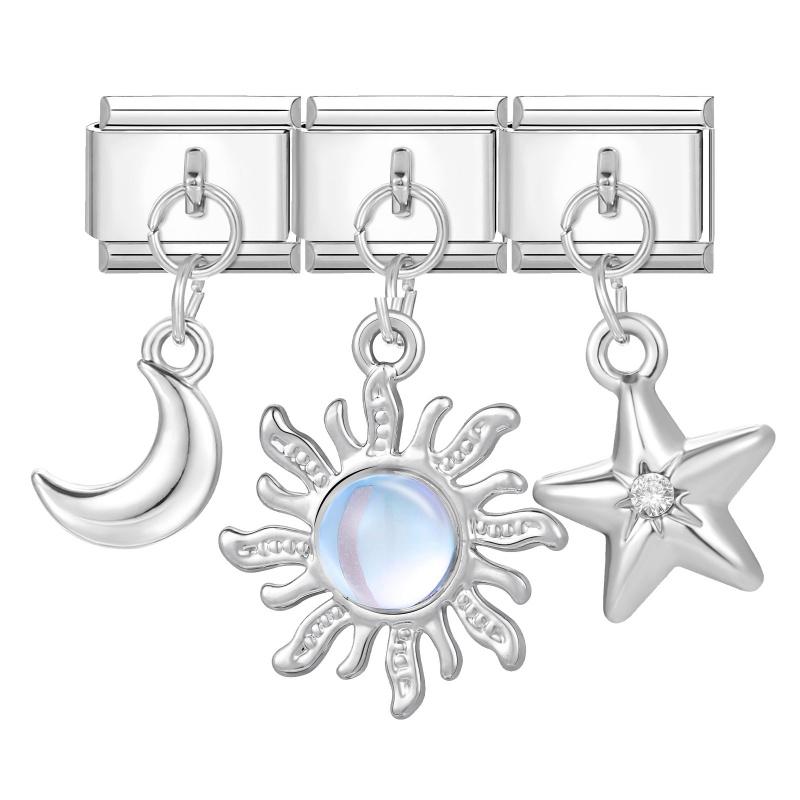 Y2K 3PCS Colorful Crystal Zircon Pendant Moon Star Bow Italian Charm Links Stainless Steel Fit 9mm Bracelet Jewelry DIY Making