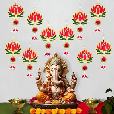 Lotosowe Zawieszki z Jhumki do Dekoracji, Opakowanie 10 szt. | Dekoracja na Drzwi/Ścianę, Pokój Puja w Mandirze, Dekoracja Świątynna, Jakość Eksportowa | Rozmiar - 8 cali |