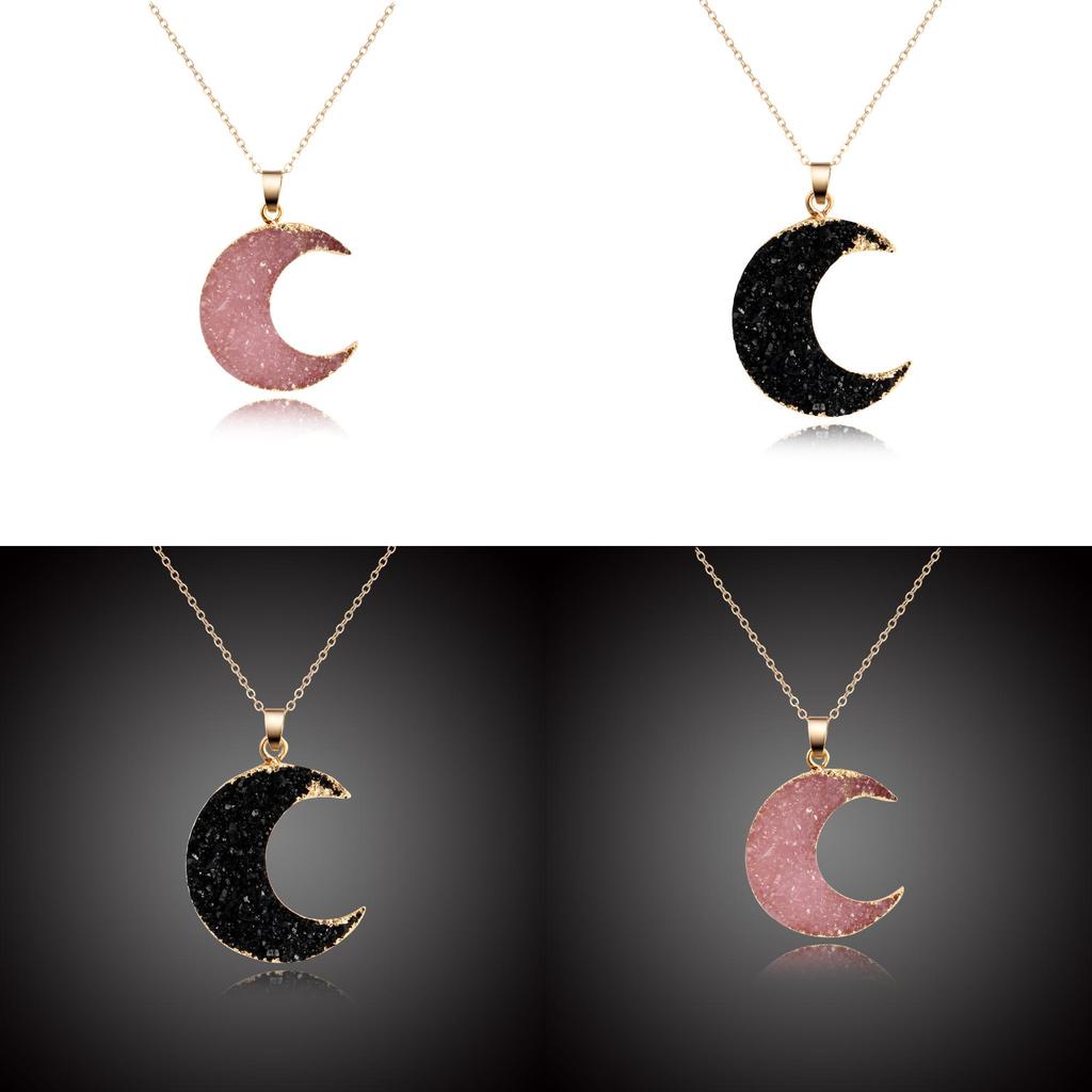 Exquisite Moon Shape Stone Female Link Chain Pendant Necklace With Drusy Charm