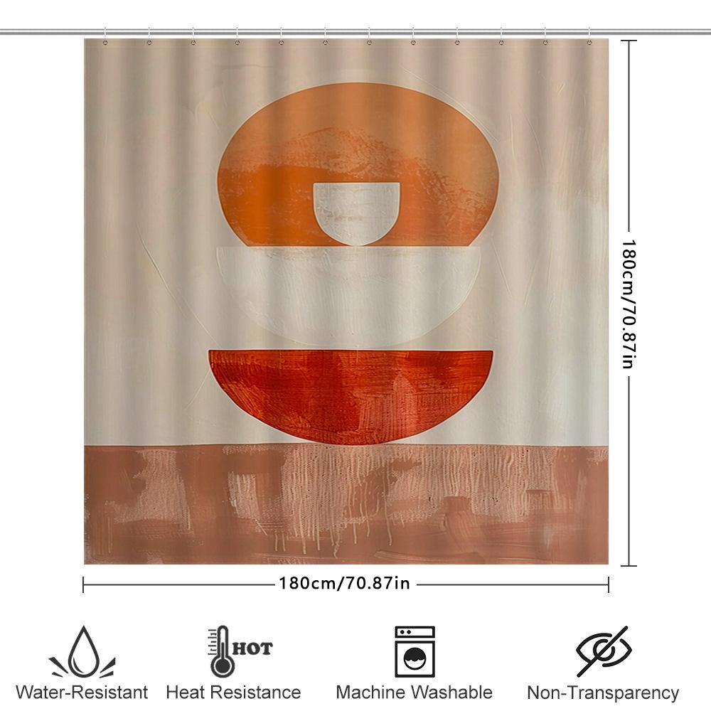 Rustic Modern Shower Curtain With Abstract Circular Design In Beige, Orange, And Red Colors Perfect For Bathroom Decorations.