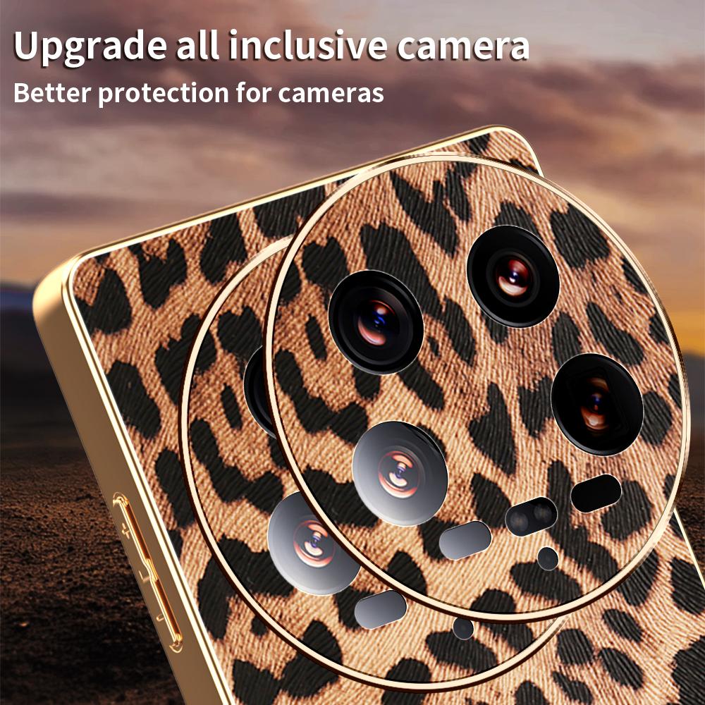 For Xiaomi 14 Ultra Case Leopard Print PU Leather Coated PC+TPU Electroplating Phone Cover