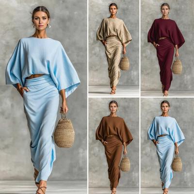 Summer 2 Piece Skirt Sets for Women Batwing Long Sleeve Top