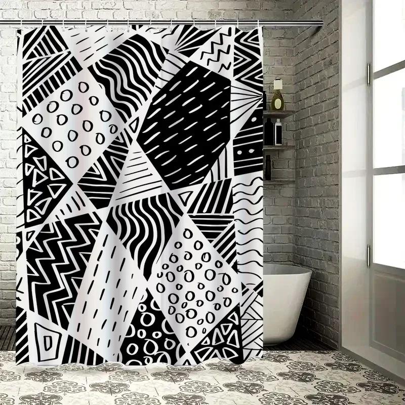 ~O~Black White Geometric Print Shower Curtain Modern Bathroom Decor Waterproof Fabric for Home Bathrooms Available in Various Si