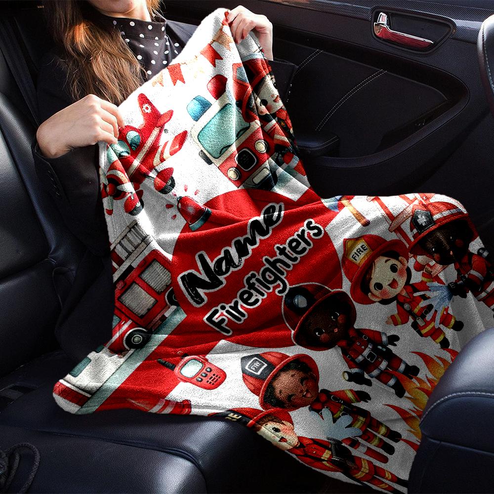 Custom Name fire truck Theme Printed Blanket - Perfect for Couch, Bed, Travel & Outdoor Use | Machine Washable, Cozy & Durable.
