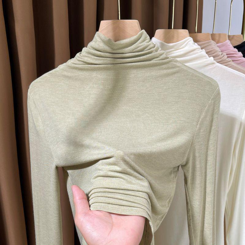 Modal High-Neck Base Layer Top for Women, Spring/Autumn, Tight-Fit, Long Sleeve, Mask T-Shirt, Thin Outerwear