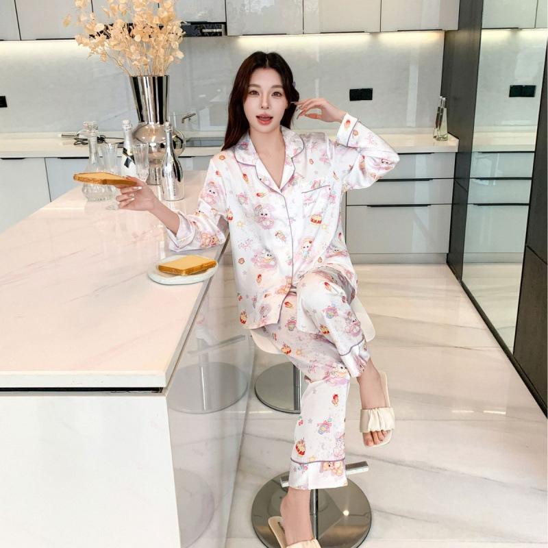 Spring and autumn new printed long-sleeved pajamas women's loungewear suit lapel cardigan cute cartoon pattern high sense