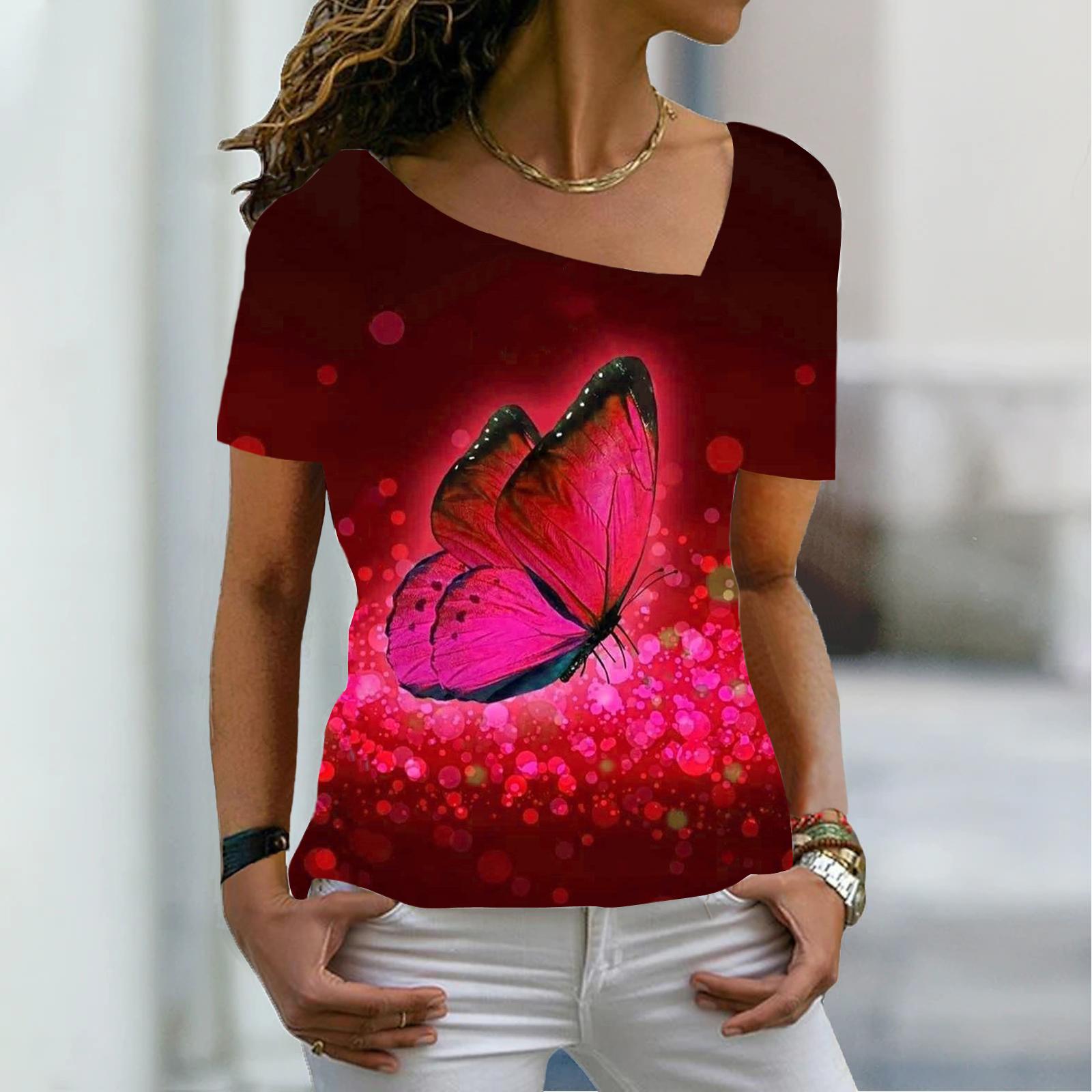 

Женская мода, новая футболка с коротким рукавом и цветочным принтом в виде бабочек, базовая футболка с V-образным вырезом, летняя футболка XS-8XL/3D-печать 4XL