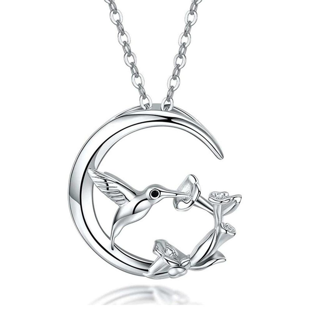 Cute Female Moon Bird Flower Pendant Necklace Vintage Silver Color Wedding  For Women