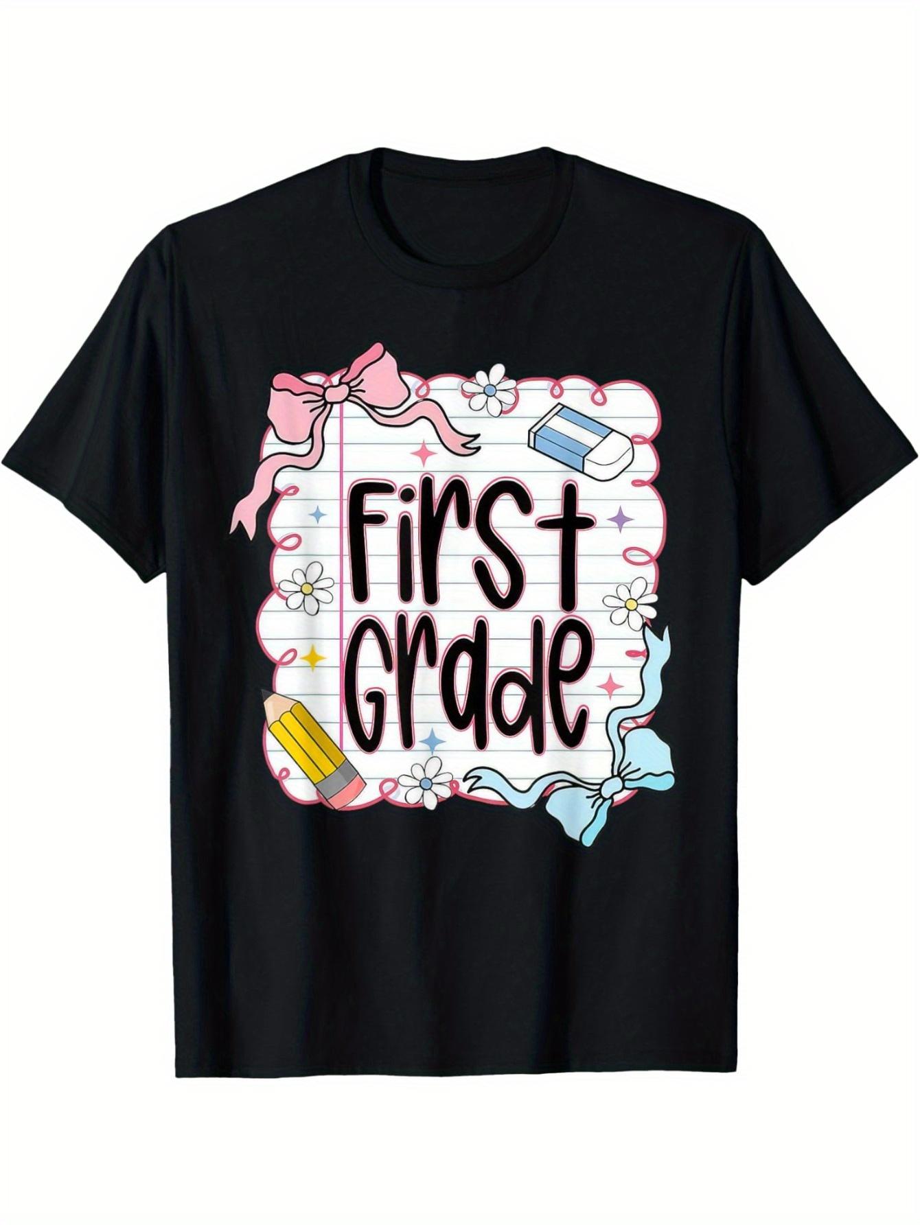 

Black T-Shirt for 1St Grade Teachers Or Students - Features First Grade Design in Pink - Comfortable Loose Fit Casual Tee for Educators L