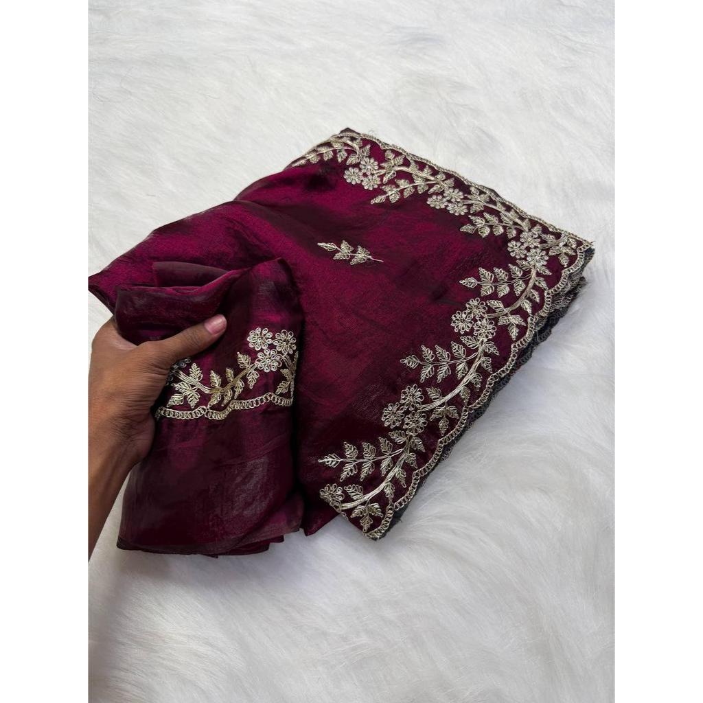 Premium Fandy satin with c pallu spring Dori embroidery work and all over sarees butta work with cutwork border