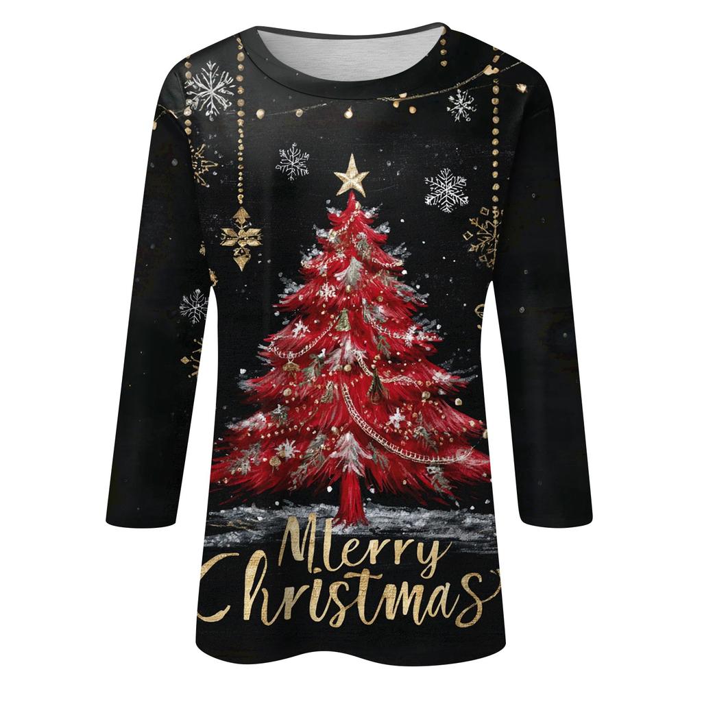 3/4 Sleeve Shirts For Women Print Christmas Tees Blouses Casual Plus Size Basic Tops Pullover