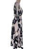 Summer Elegant Women Cross Neck Belt Floral Print Slit Maxi Dress Short Sleeve Mature Style French Retro Patchwork Slim Sexy Elegant Women Maxi Dress