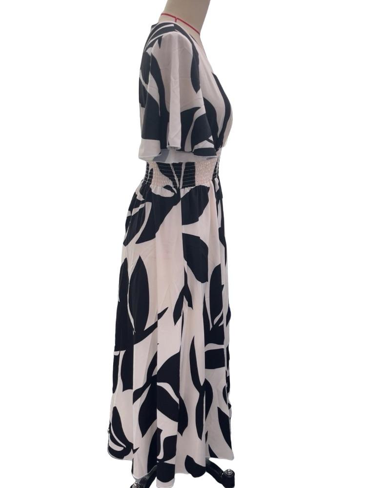 Summer Elegant Women Cross Neck Belt Floral Print Slit Maxi Dress Short Sleeve Mature Style French Retro Patchwork Slim Sexy Elegant Women Maxi Dress