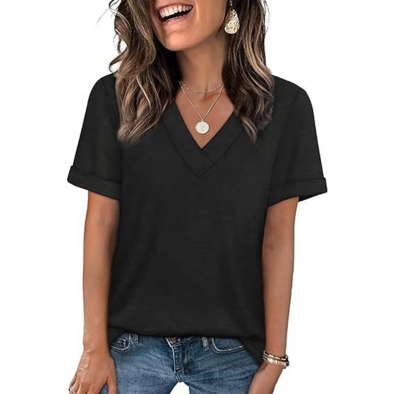 Women S Solid Color V Neck Short Sleeve Casual T Shirt S чёрный