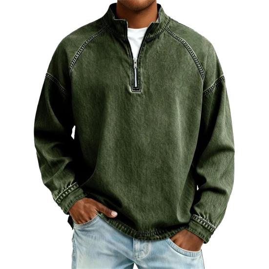 Мужской джинсовый пуловер на четверть молнии со стойкой воротником, винтажная повседневная толстовка с эффектом потертости, свободная толстовка с высоким воротником для вечеринки, улицы, отпуска S армия зеленый