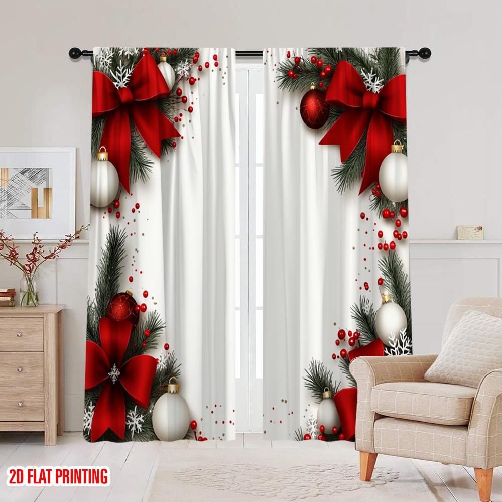 2pcs,2D Plane Printing Popular Curtain Panels Christmas Baubles Pine Branches Red Bows (2) Durable Polyester (without Rod)