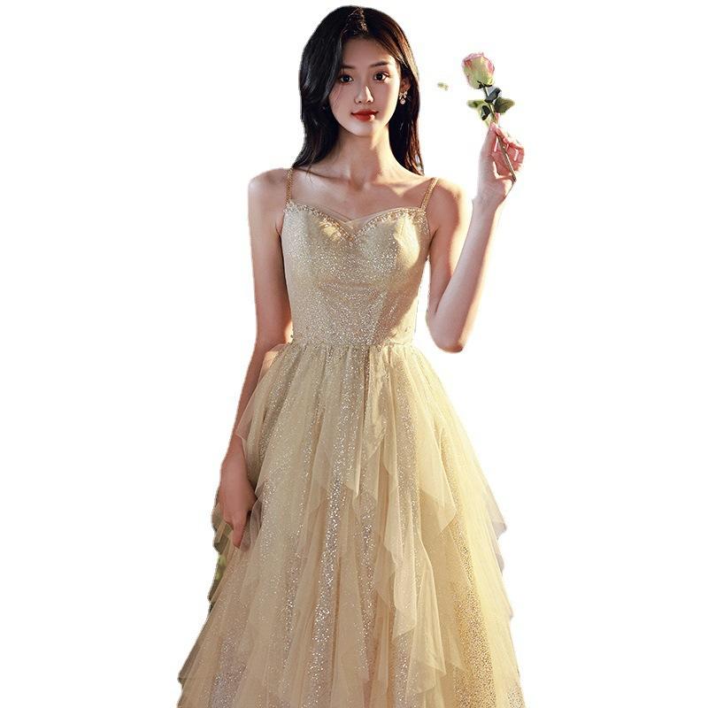 Suspender evening dress women's 1011 new banquet temperament host student art exam puffy cake skirt golden dress
