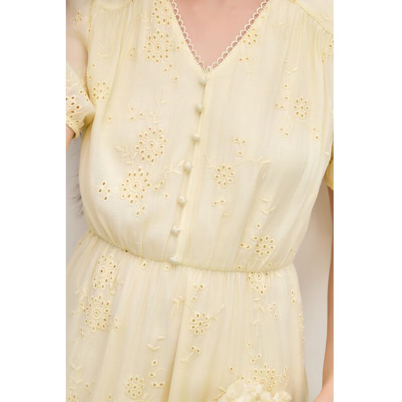 Autumn Water Lady V-Neck Puff Sleeve Embroidered Dress