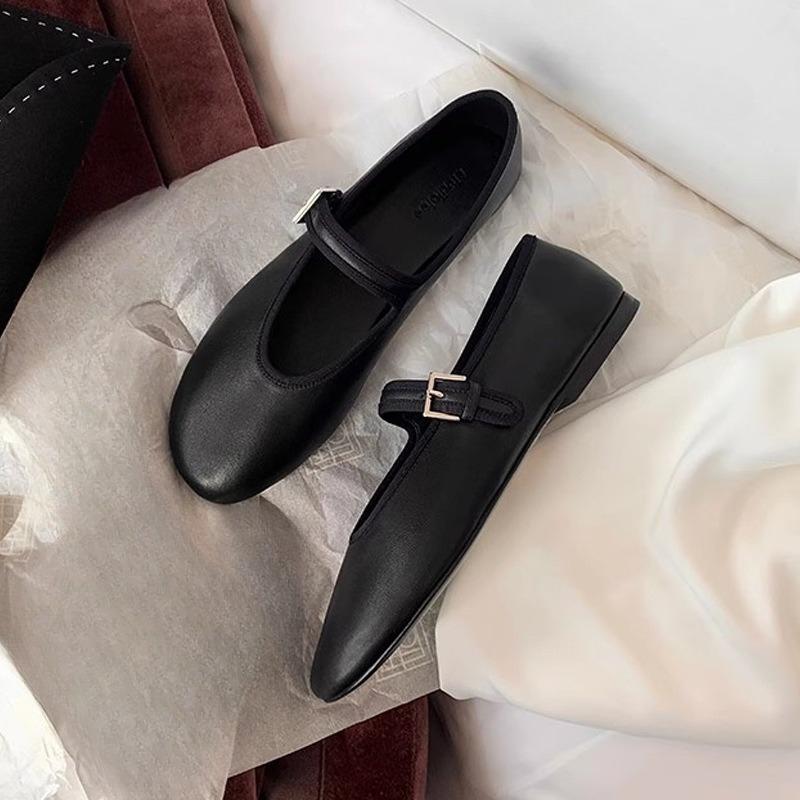 New Round-toe Buttoned Slip-on Low-heeled Open-toe Flat Shoes for Women