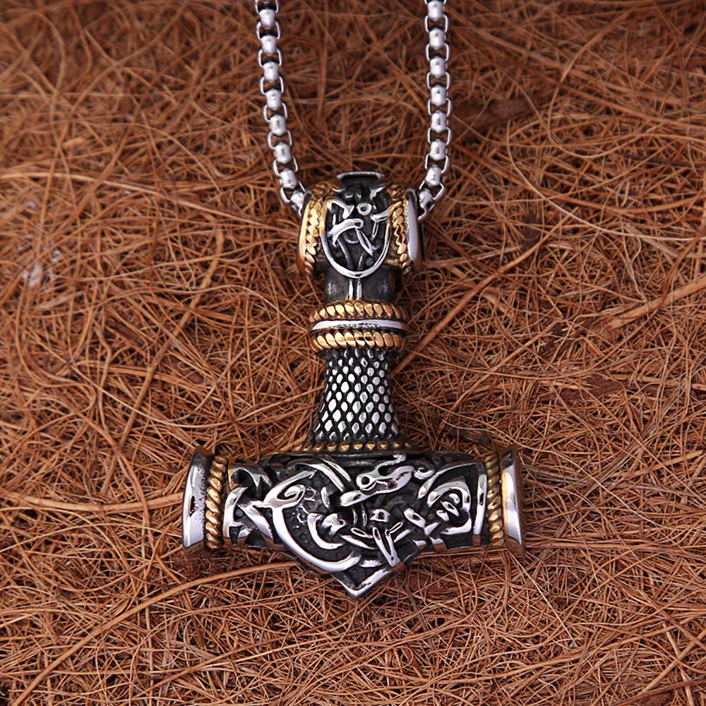Norse Vikings Stainless Steel Thor's Hammer Mjolnir Scandinavian Rune Amulet Necklace Chain Vegvisir Anchor Pendant Male Jewelry