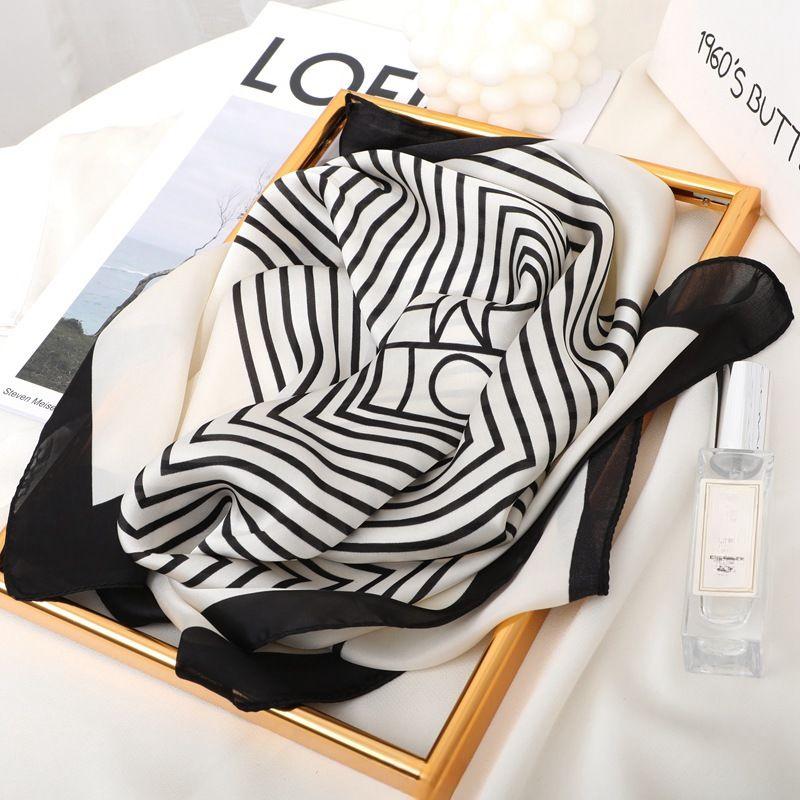 Stylish Women's Square Scarf with Simple Stripes: Silk-like Satin Smooth Texture Luxury Brand Appeal