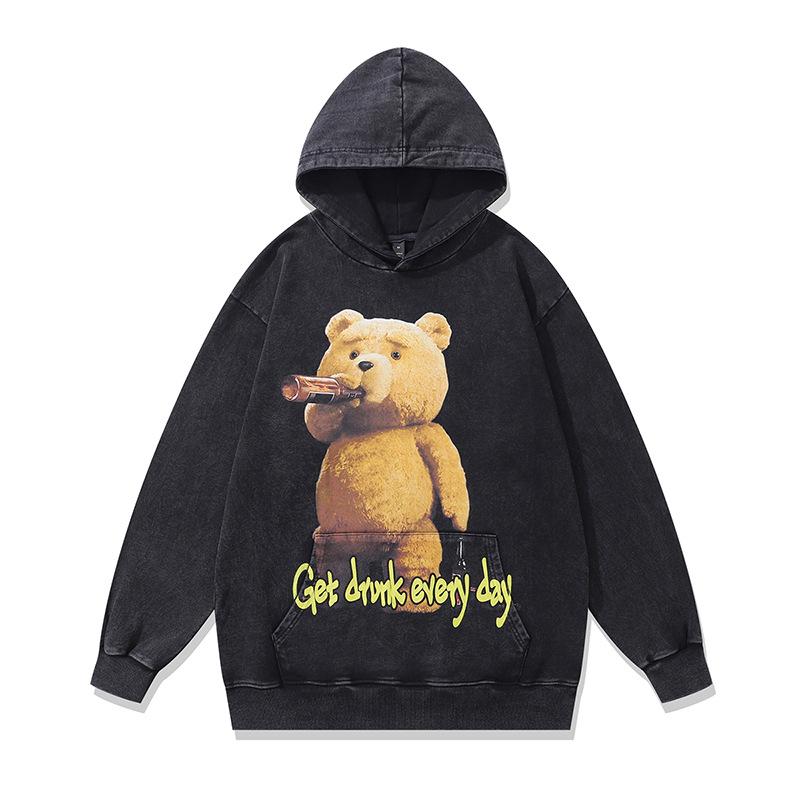 American High Street Trendy Sweater Cartoon Retro Printing Heavy Washing Loose Hooded Sweater Jacket Men And Women
