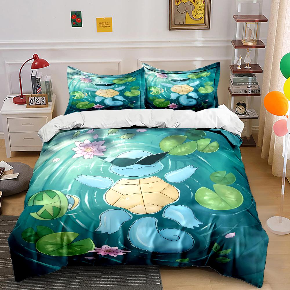 Japanese Anime Pokemon Squirtle Bedding Set Quilt 3 Pieces Duvet Cover King Queen Us Twin Size Bedclothes Kid Boy Girl Bed Decor