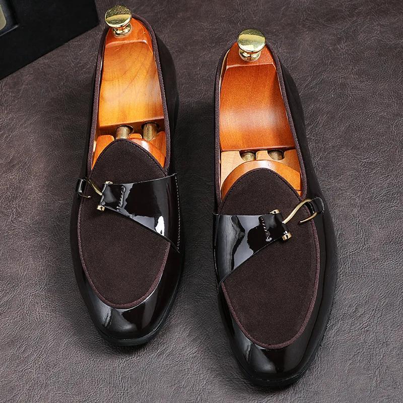Fashion Fashion Man's Casual Shoes Leather Loafers for Mens Leather Stitching Suede Metal Hook Decoration Male Comfortable Formal Shoes