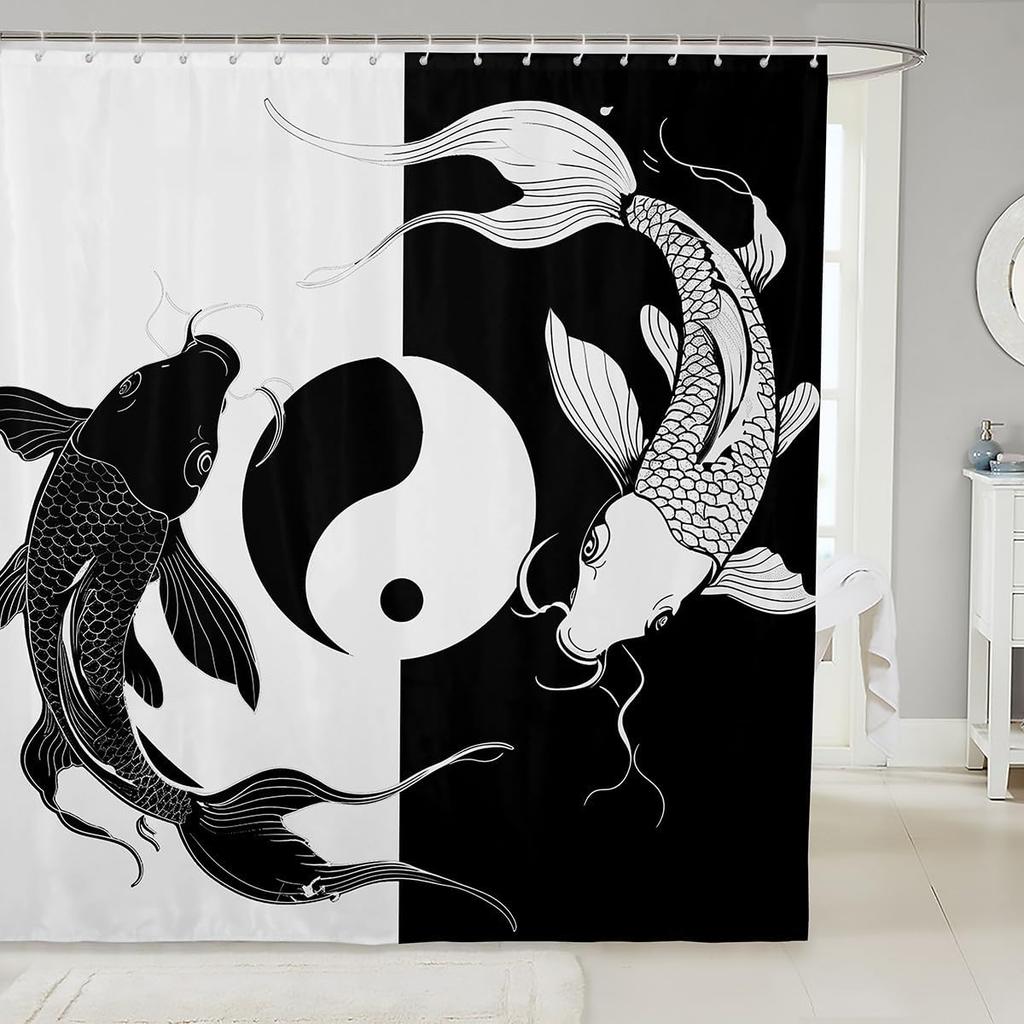 Kids Koi Fish Shower Curtain Boys Girls Japanese Wave Bathroom Shower Curtain Set Japanese Style Bath Curtain Fish Pattern
