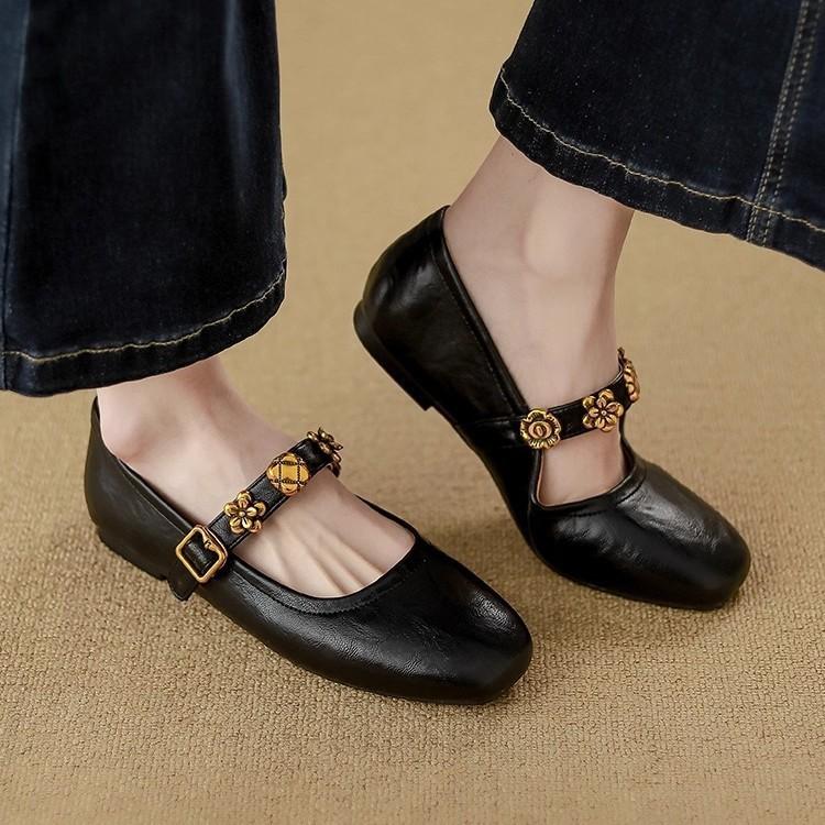 

Super soft leather~ retro Mary Jane shoes for women s 2025 spring and autumn new shallow mouth single shoes flat bottom one-word buckle small leat 35 чёрный