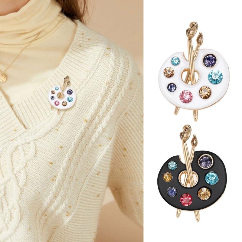 Enamel Rhinestones Art Palette Brooch Alloy Construction Lapel Pin Clothing Jewelry Accessory for Stylish Wear