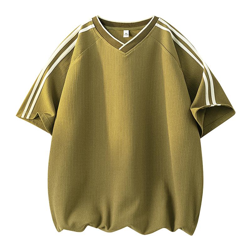 

V-neck Short-sleeved T-shirt Men s Top Summer Striped Loose Ice Silk Men s T-shirt XL зелений