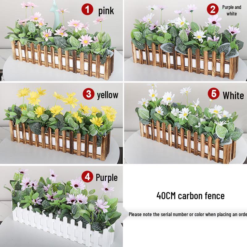 Silk Flower Pot with Wood Fence: Decorative Bonsai for Living Room or Office.