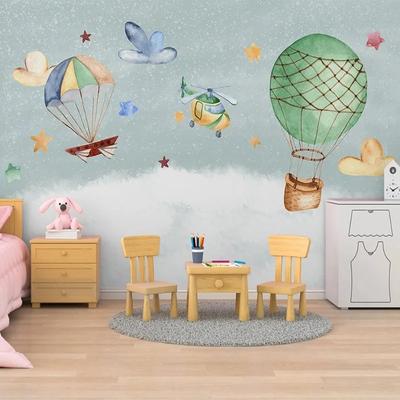 Mural Wallpaper Nordic Hand Painted 3D Cartoon Airplane Balloon Children's Room Background Wall Painting Wallpaper