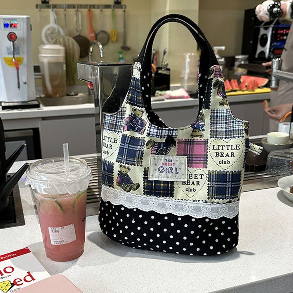 Portable INS Sweet Lace Handbag Denim Plaid Canvas Tote Bags Commuting Bags