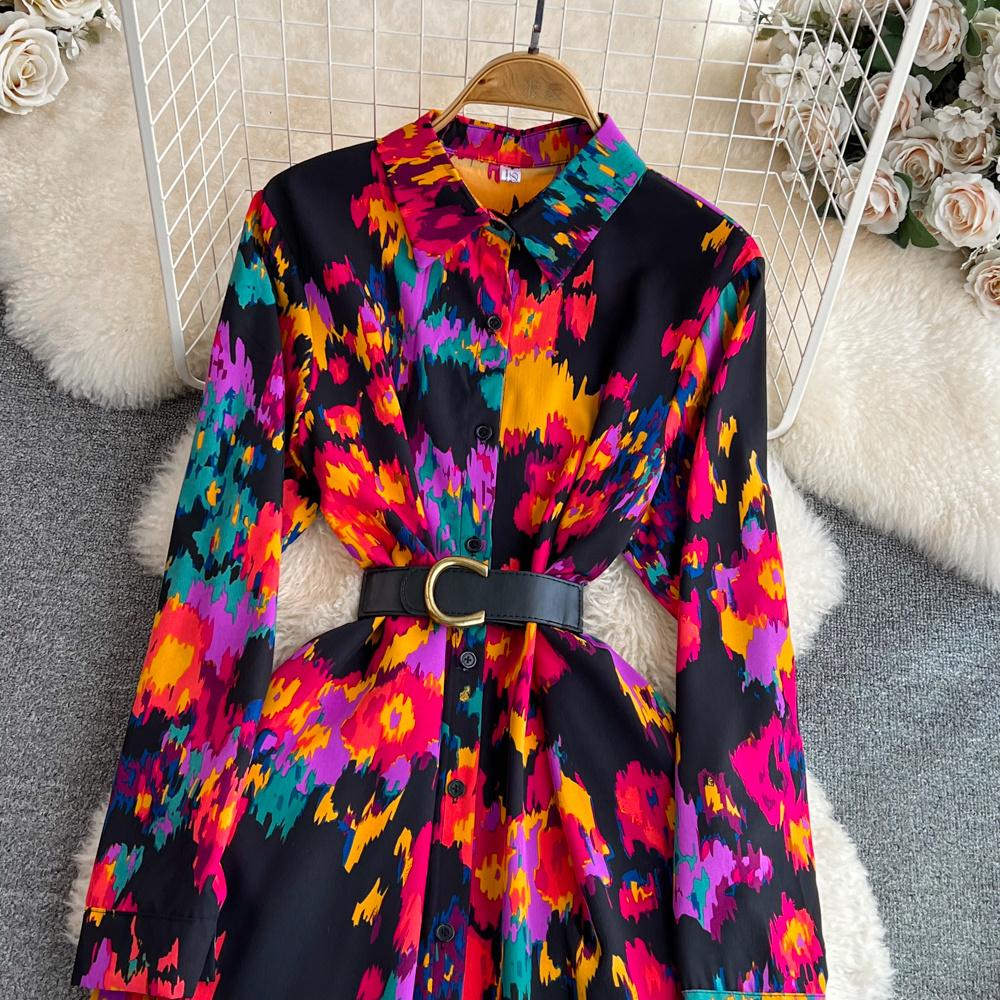 Nowa jesienna moda damska sukienka z kwiatowym nadrukiem skręcić w dół kołnierz z długim rękawem jednorzędowa linia w stylu vintage Midi sukienki imprezowe