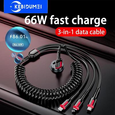 66W 6A 3 in 1 Schnellladedatenkabel Micro USB IOS Typ C Federkabel Autotelefon-Ladekabel für Huawei Xiaomi Samsung iPhone
