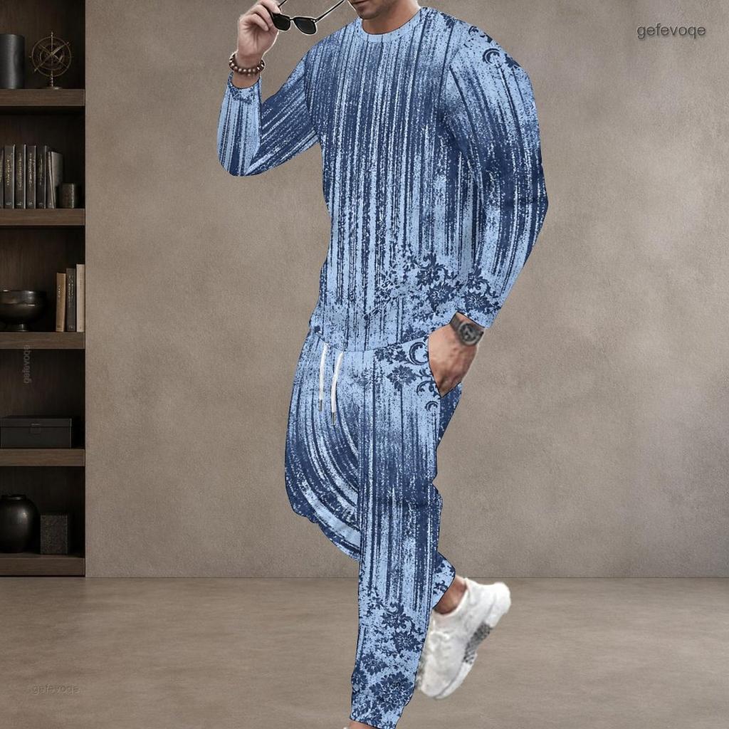 Men Plus Size White Printed Two Piece Set Round Neck Long Sleeve Top Cuffed Pants