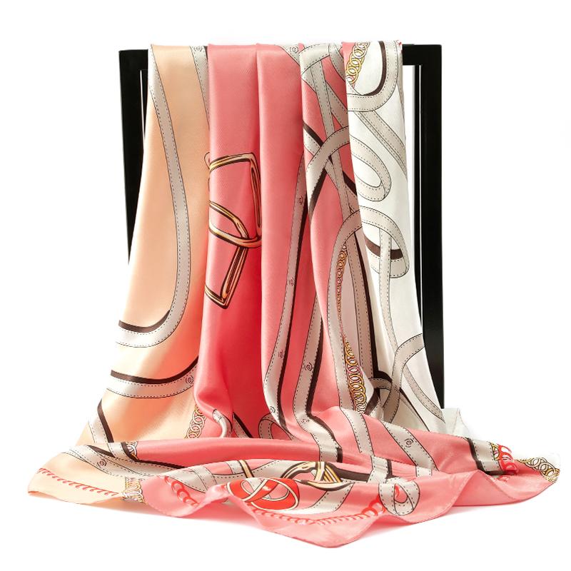 Scarves 90*90Cm Women Print Twil Hair Neck Square Silk Scarf Office Lady Shawl Bandana 90X90Cm Muslim Hijab Handkerchief Korean