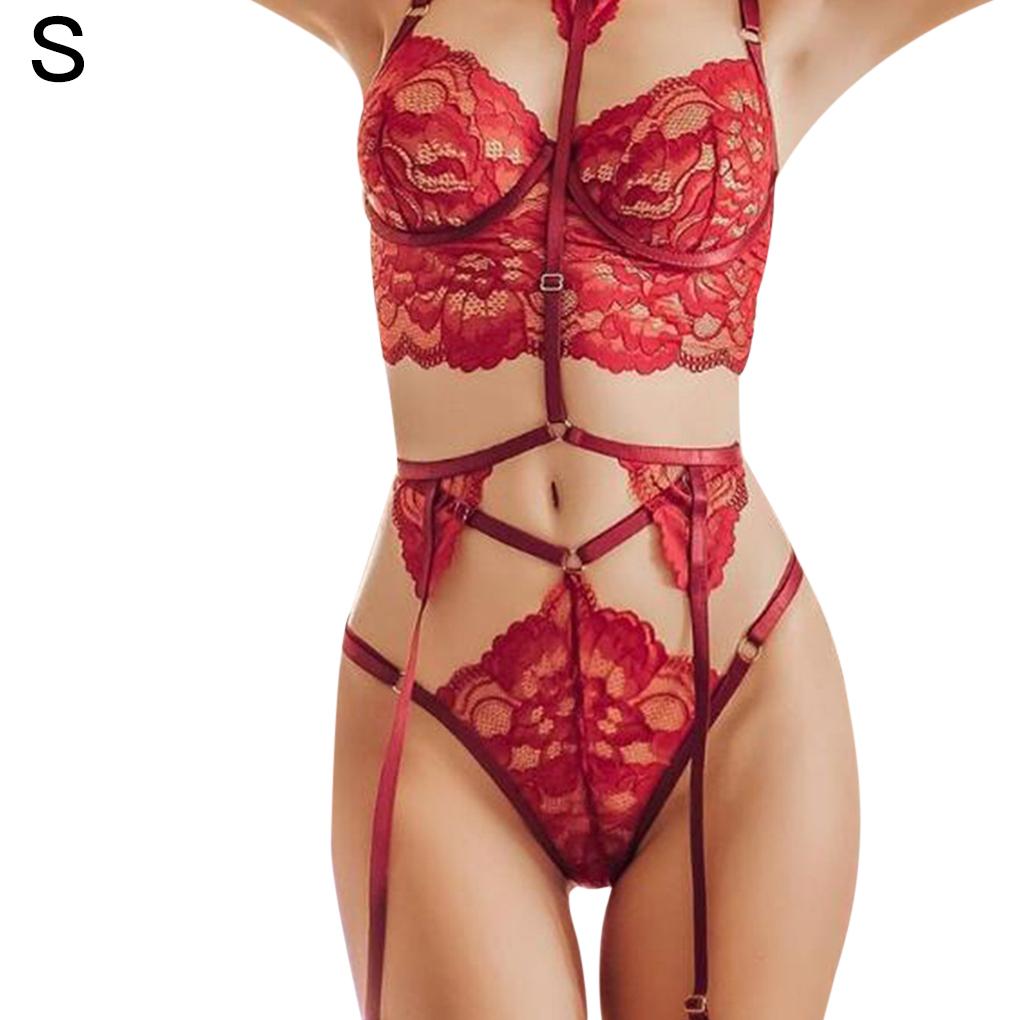 Women Fashion Lace Lingerie Set Garter Belt Bra Panty Bralette Underwear