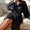 Cross-Border Ice Silk Lace-Up Long Sleeve Printed Bathrobe & Pajama Set
