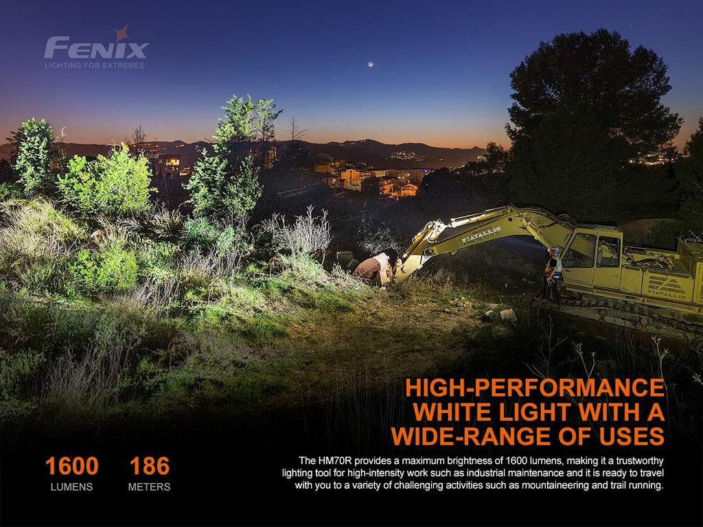 Fenix HM70R Max 1600 IP68 Dustproof and for Outdoor and Work Headlamp, Lumens, USB-C Rechargeable, Waterproof, Rescue, Search, Activities, Low-Light