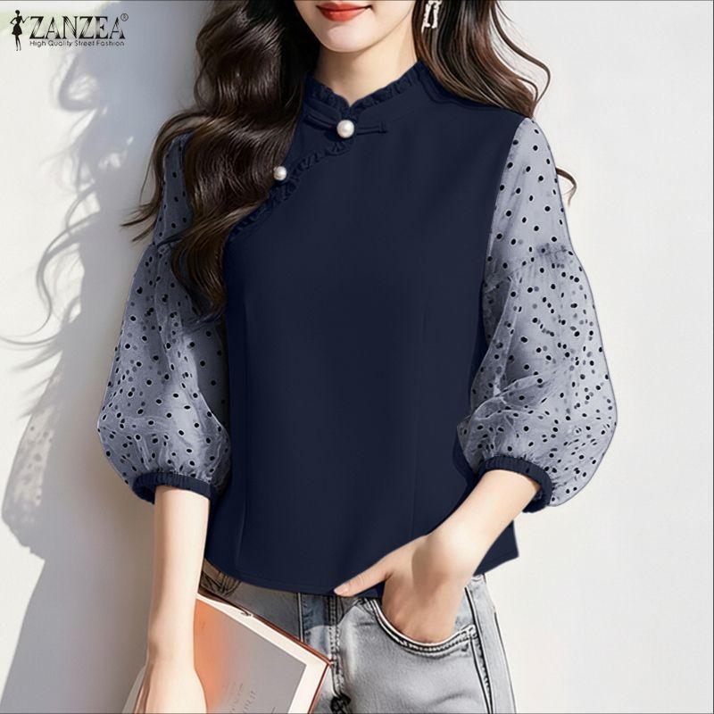 ZANZEA Damen durchsichtiges Netz-Patchwork 3/4-Ärmel Freizeitbluse