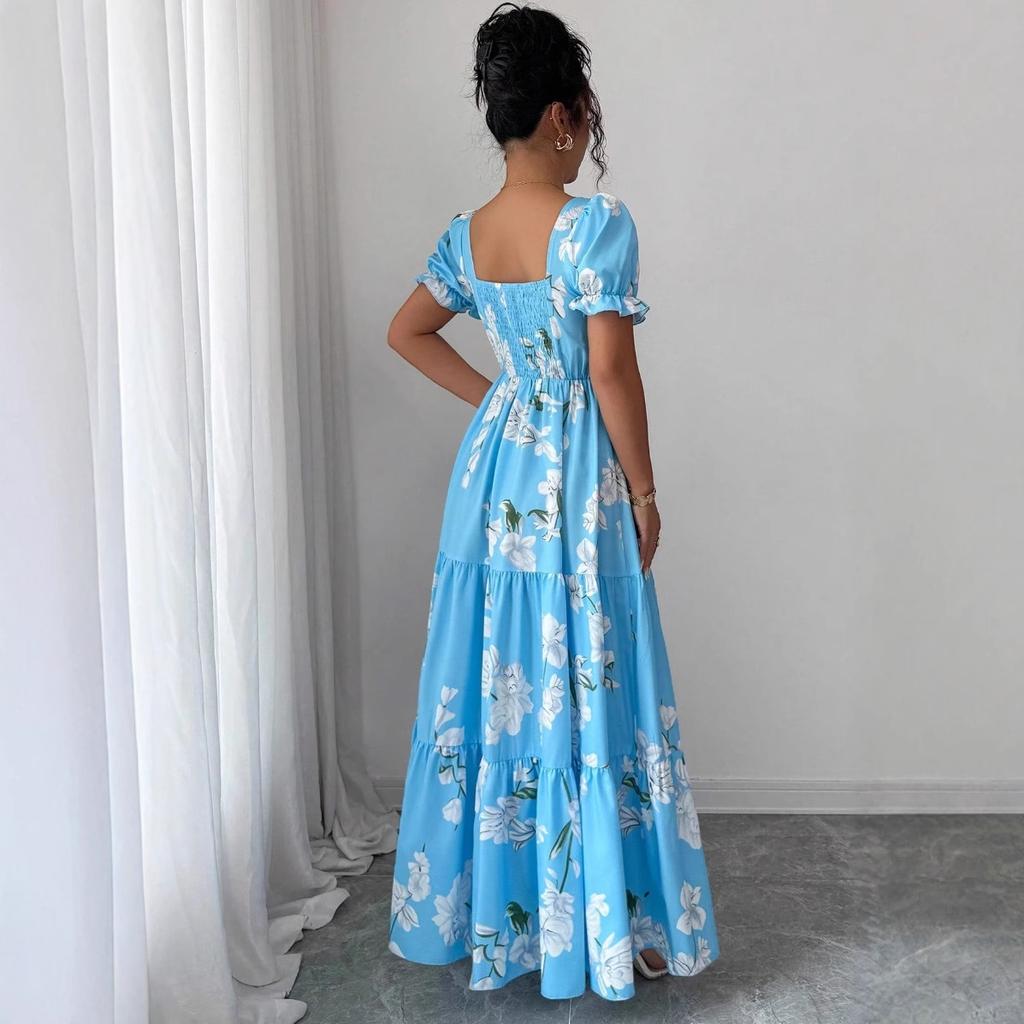 Europe, America, New Long Dress Square Neck Dress Flower Print Elegant Temperament
