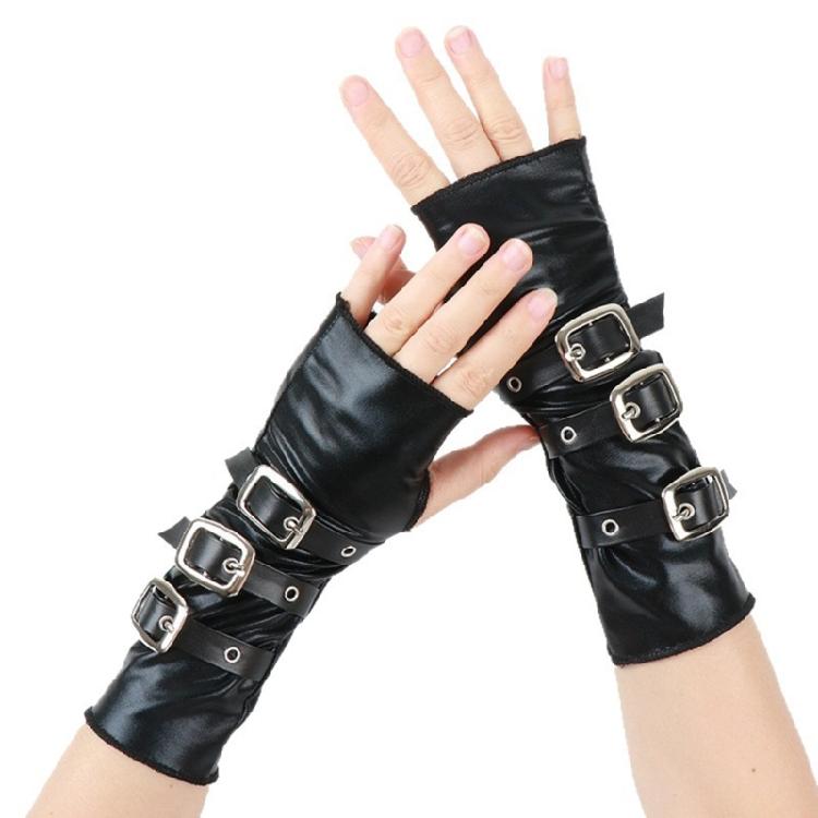 Punk Motorcycling Gloves with Metal Buckles Fastening Soft Arm Sleeves Fingerless Gloves for Women Night Club Dancing