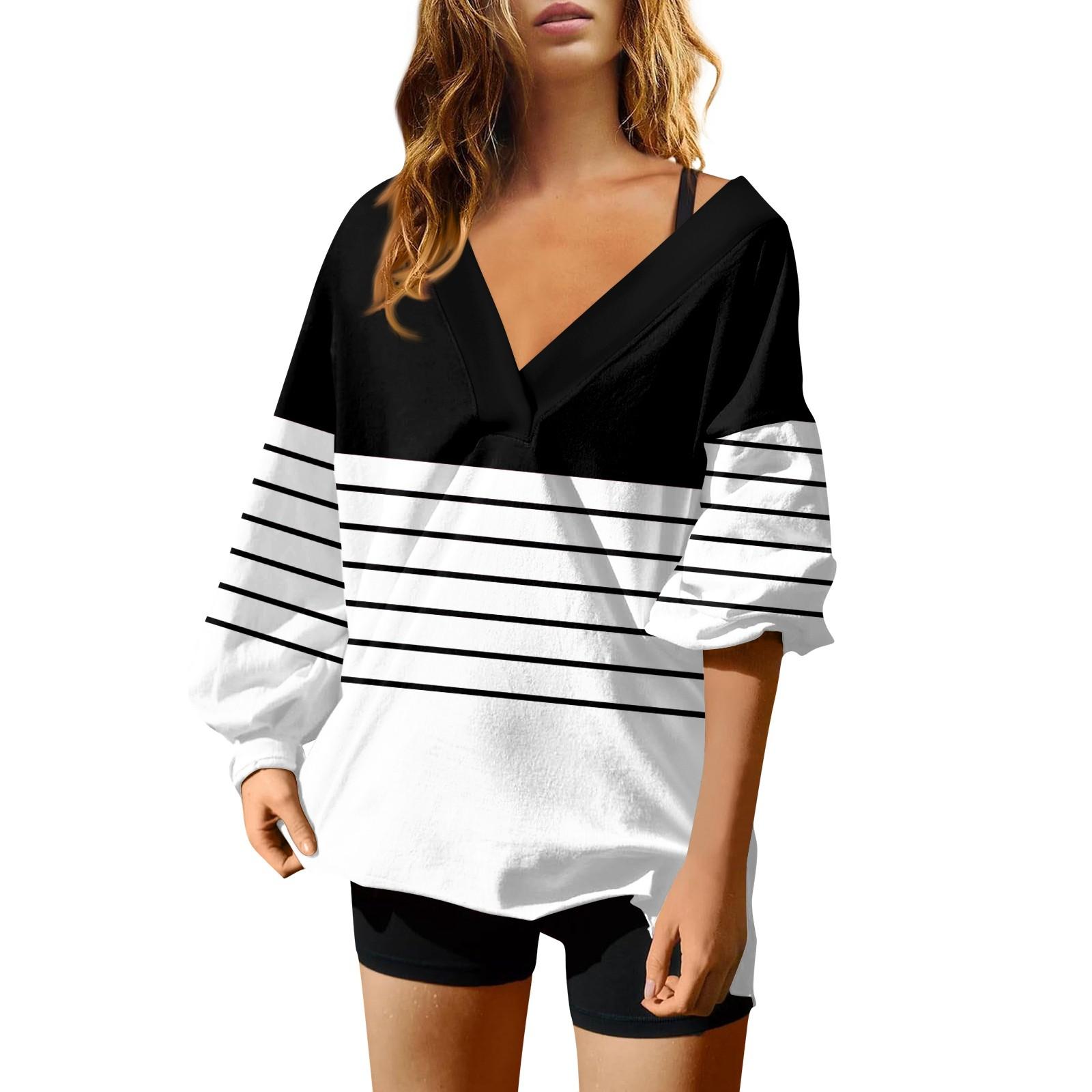 Женская мода полосатый принт V-образный вырез длинный рукав свободный пуловер свитшот — фото 3